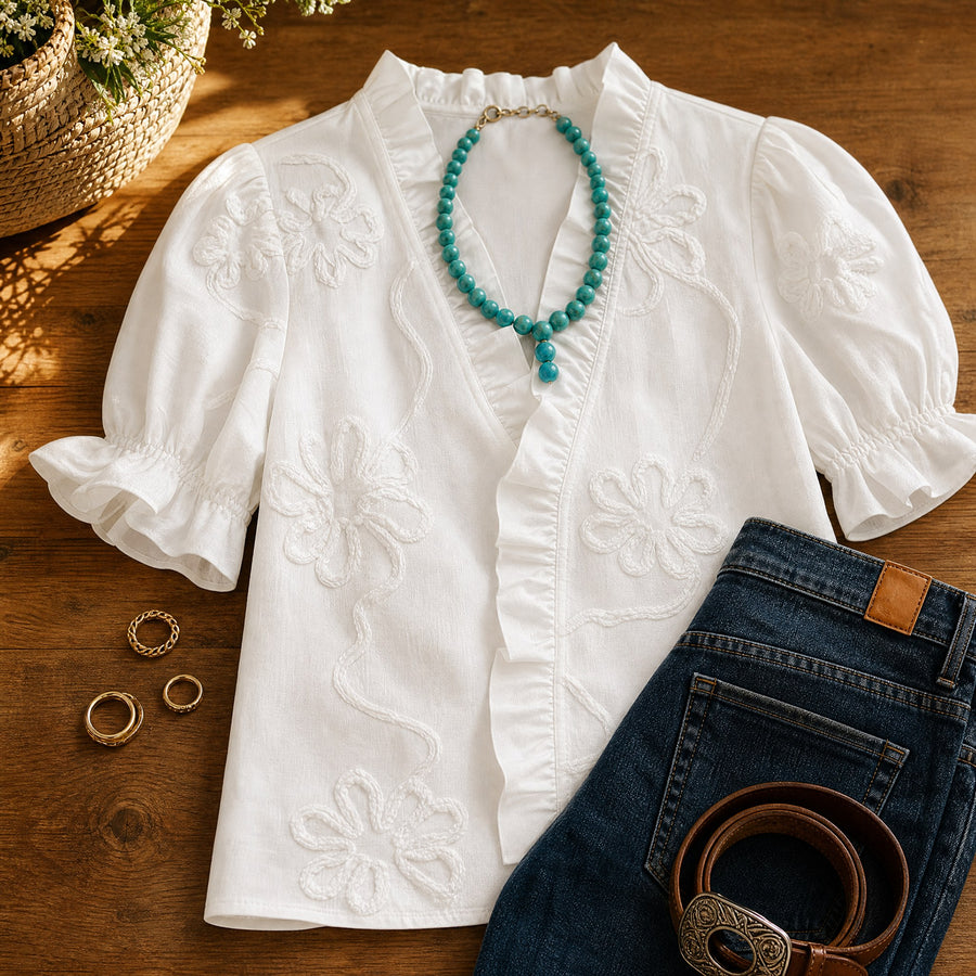 Brinley Women's Floral Embroidered Puff Sleeve Blouse