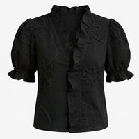 Brinley Women's Floral Embroidered Puff Sleeve Blouse in Black