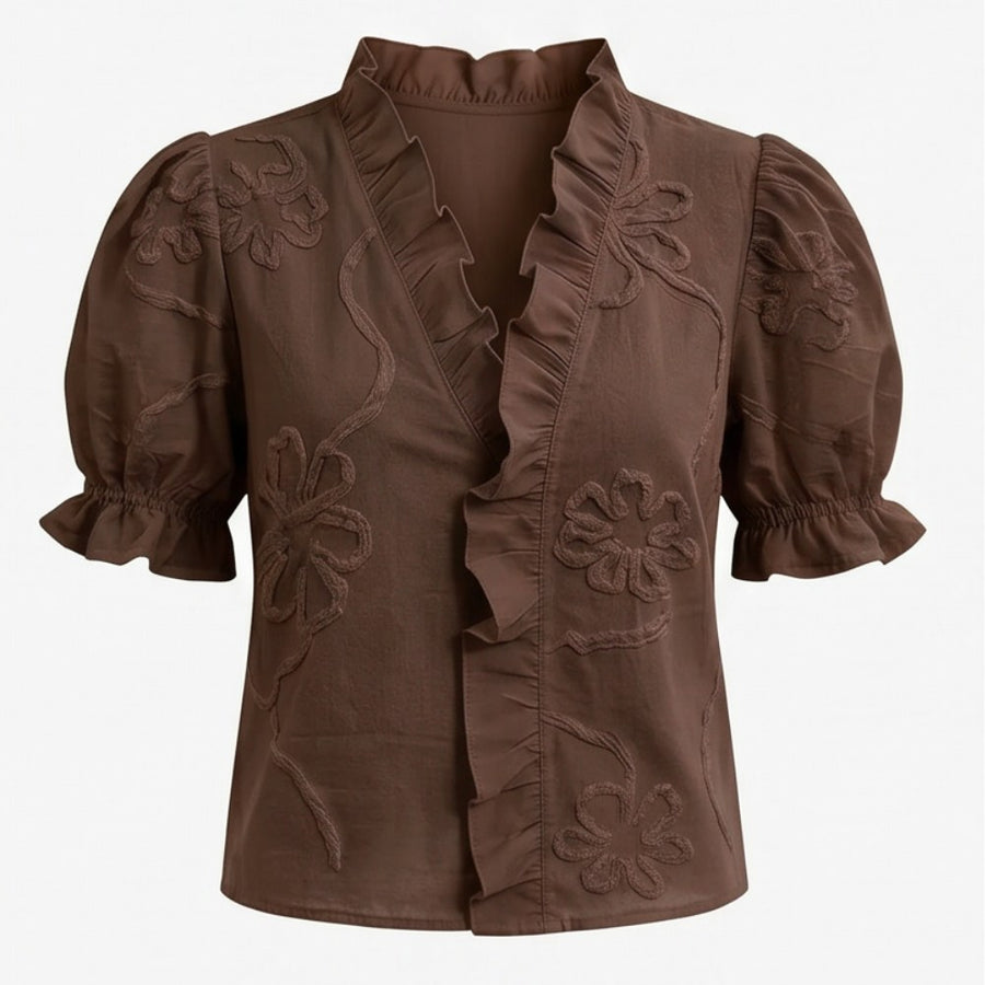 Brinley Women's Floral Embroidered Puff Sleeve Blouse in Brown
