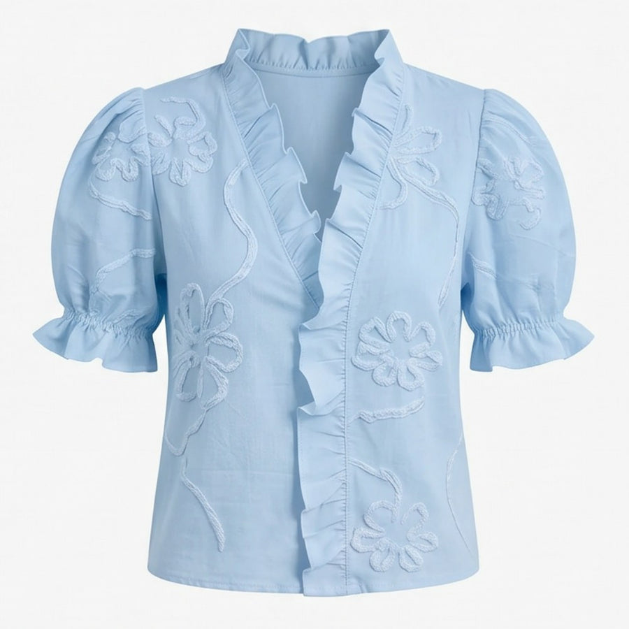 Brinley Women's Floral Embroidered Puff Sleeve Blouse in Light Blue