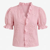 Brinley Women's Floral Embroidered Puff Sleeve Blouse in Light Pink
