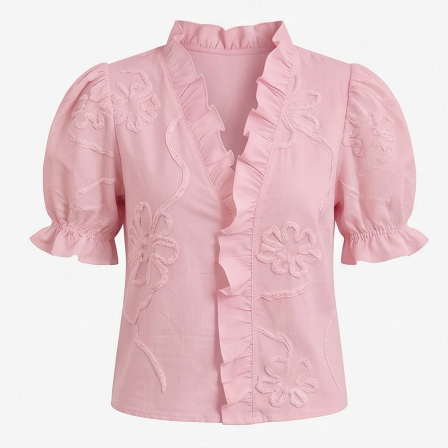 Brinley Women's Floral Embroidered Puff Sleeve Blouse in Light Pink