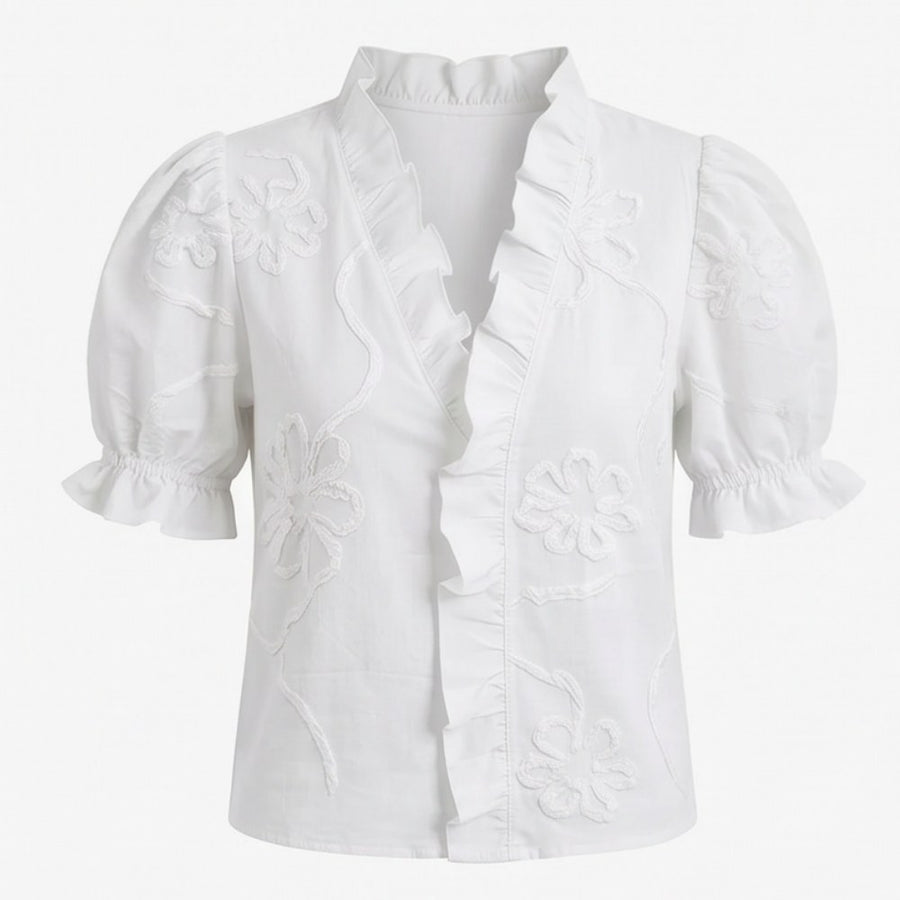 Brinley Women's Floral Embroidered Puff Sleeve Blouse in White