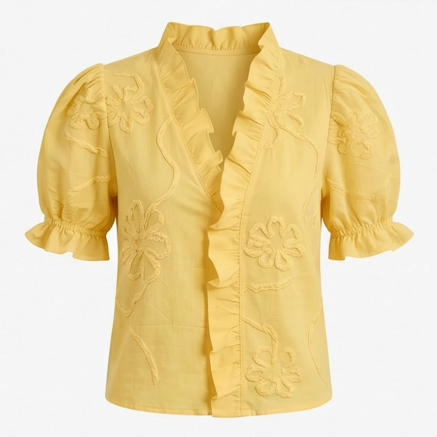 Brinley Women's Floral Embroidered Puff Sleeve Blouse in Yellow