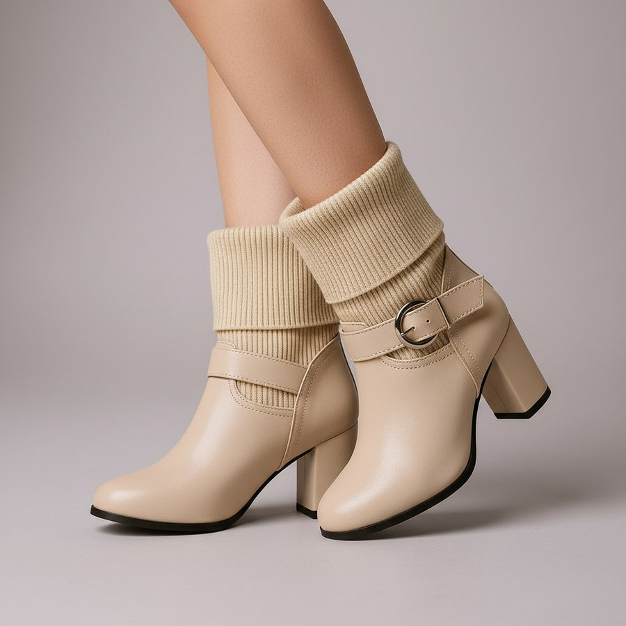 Brooklyne Block Heel Ankle Boot in Beige
