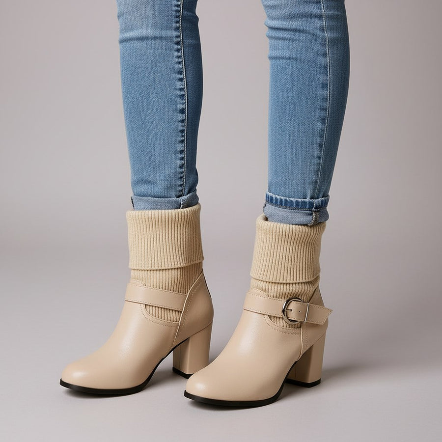 Brooklyne Block Heel Ankle Boot in Beige