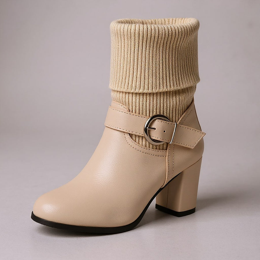 Brooklyne Block Heel Ankle Boot in Beige