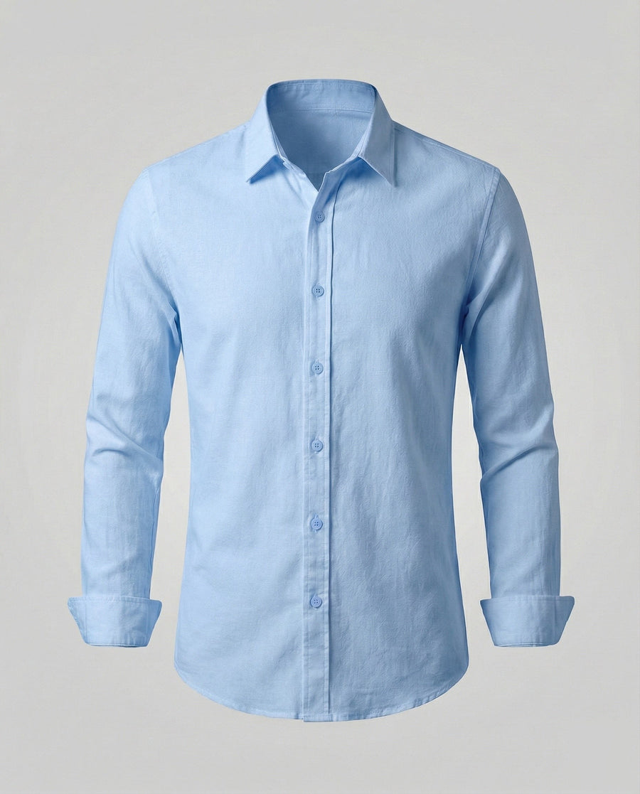 Bruno Linen Shirt with Stand Collar in Blue