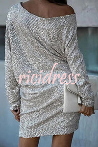 Solid Sequined Off Shoulder Loose Mini Dress