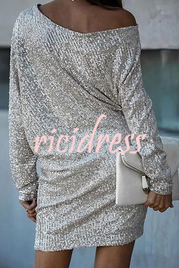 Solid Sequined Off Shoulder Loose Mini Dress