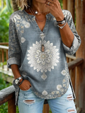 Ethnicity Light Blue Totem Women's Print Casual V-neck Washed Cotton Denim Top