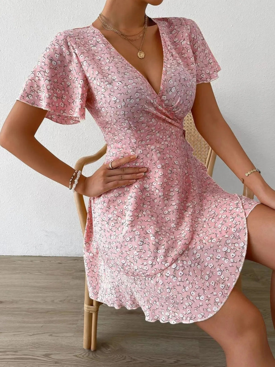 Floral Flutter Sleeve Wrap Mini Dress