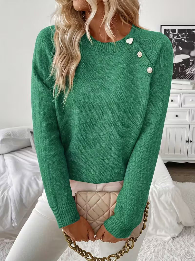 Karine | Women's Crew Neck Sweater with Shoulder Button Detail
