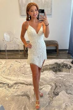 White Sequins Beadings Short Homecoming Dress with Fringes