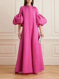 Long Sleeves Loose Solid Color Split-Side Stand Collar Midi Dresses