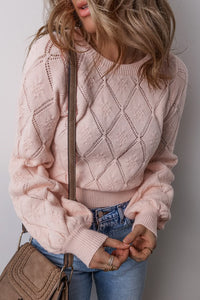 Gossamer Openwork Plaid Puff Sleeve Cropped Sweater Gossamer 65%Acrylic+35%Polyamide