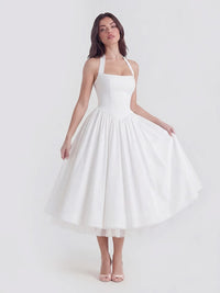 Lace-Up Halter Midi with Exposed Tulle Hem - Lemon
