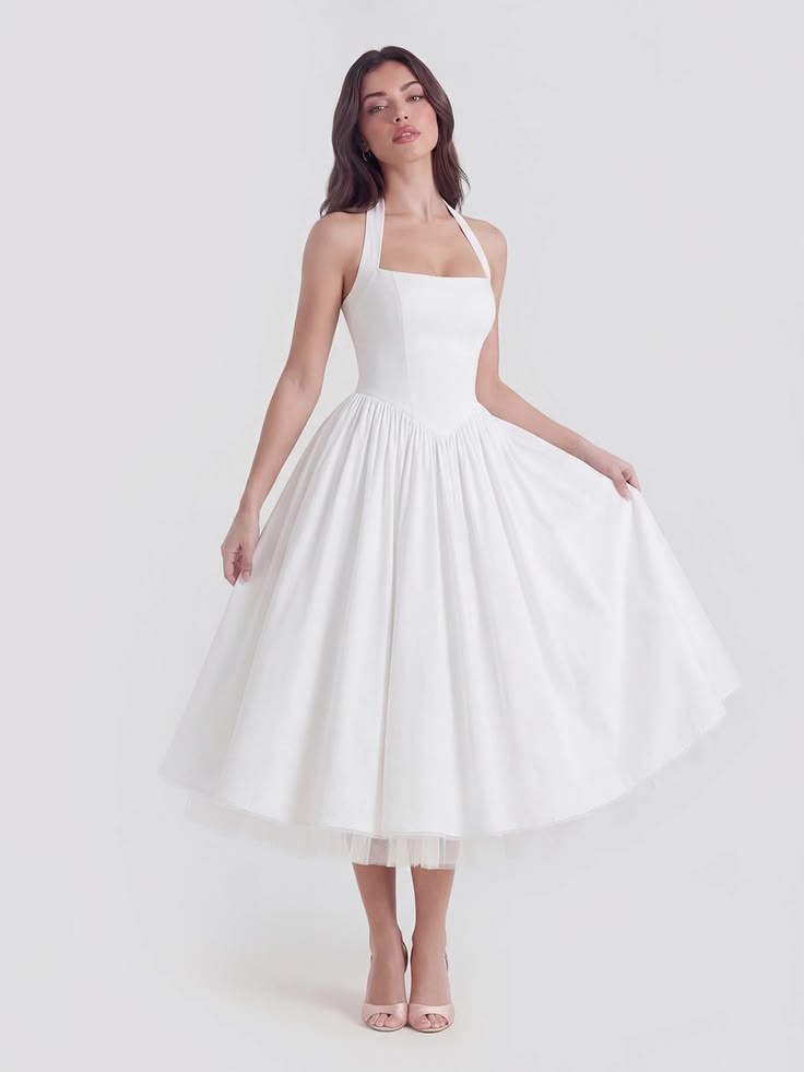 Lace-Up Halter Midi with Exposed Tulle Hem - Lemon