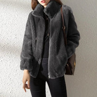 Women's Fleece Teddy Stand Collar Zip-Up Jacket with Drawstring Hood