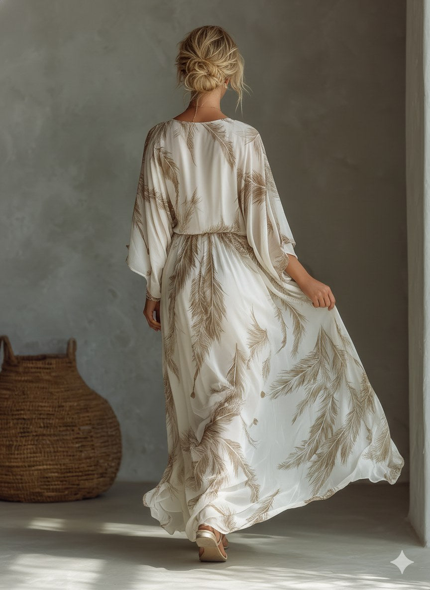 Cadrielle Women's Chiffon Feather Print Maxi Dress in Cream