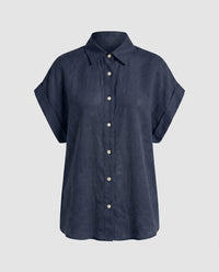 Caitlin Casual Linen Blouse in Blue
