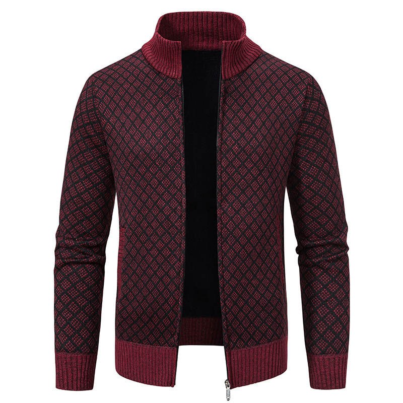 Caitlin Elegant Knit Cardigan with Stand Collar in Wine Red