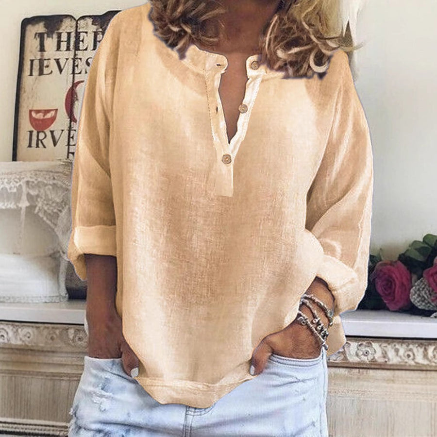 Caitlin Linen Blouse with Button Front in Khaki