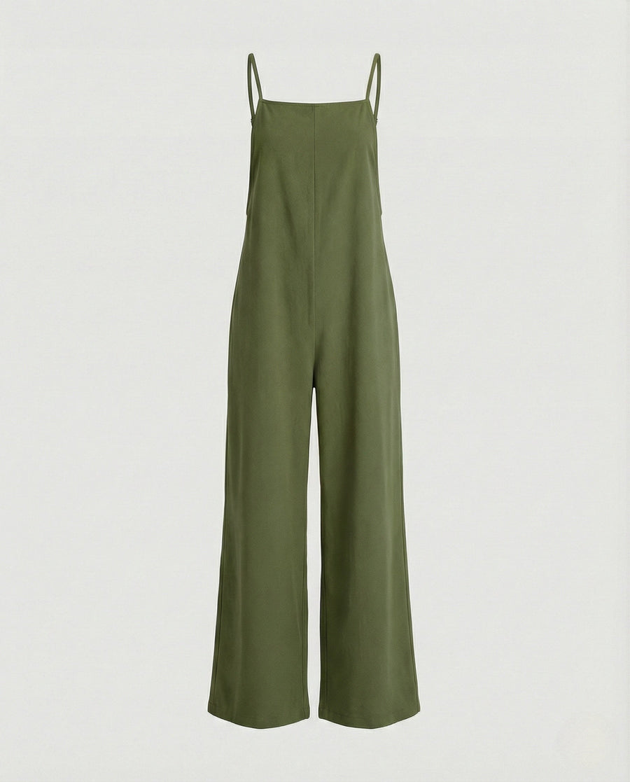 Caitlin Linen Jumpsuit with Wide Leg in Olive Green
