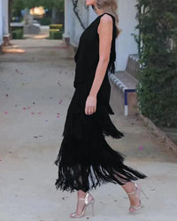 Calanara Women's One Shoulder Fringe Formal Dress in Black
