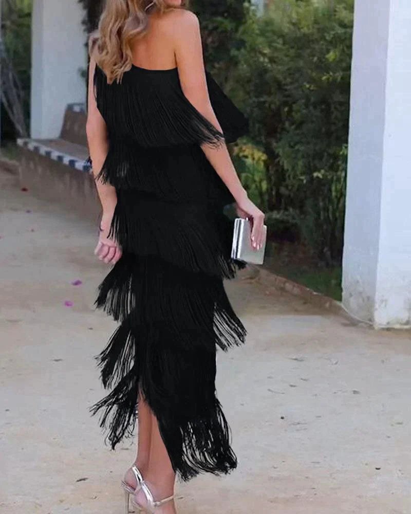 Calanara Women's One Shoulder Fringe Formal Dress in Black