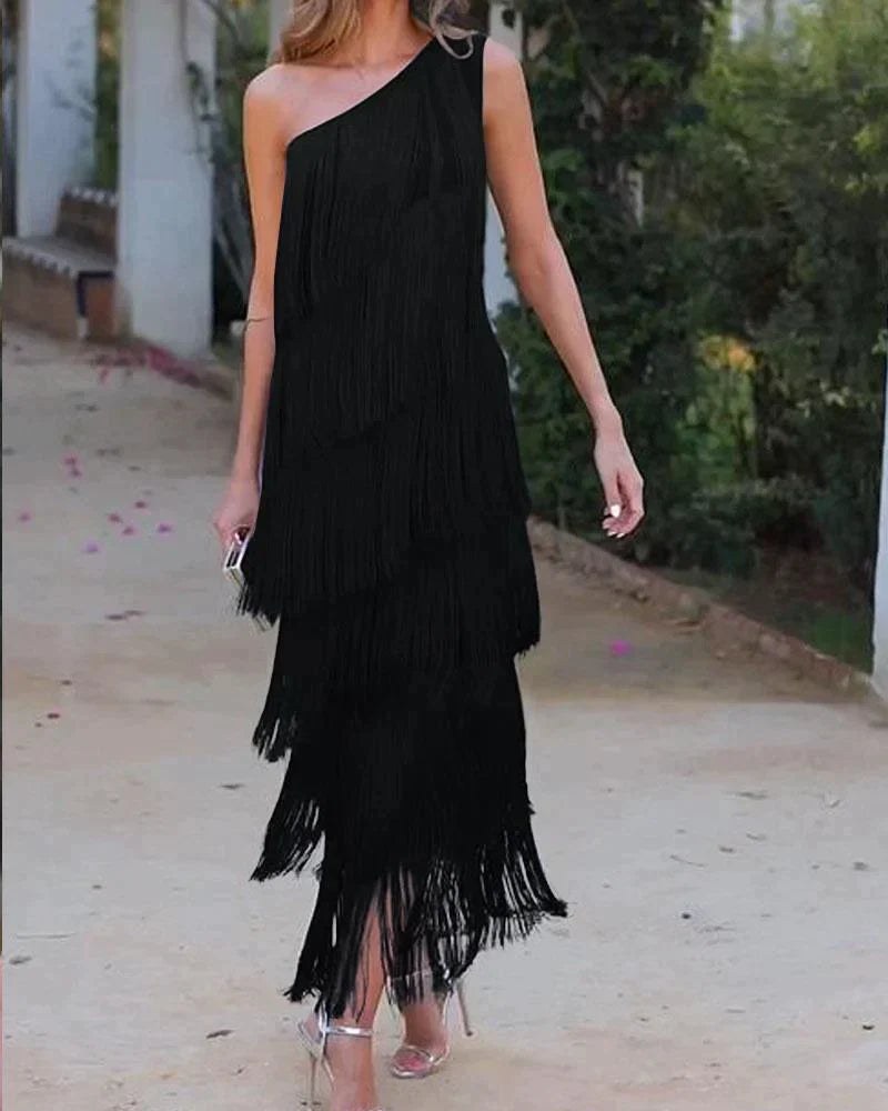 Calanara Women's One Shoulder Fringe Formal Dress in Black