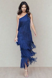 Calanara Women's One Shoulder Fringe Formal Dress in Navy Blue