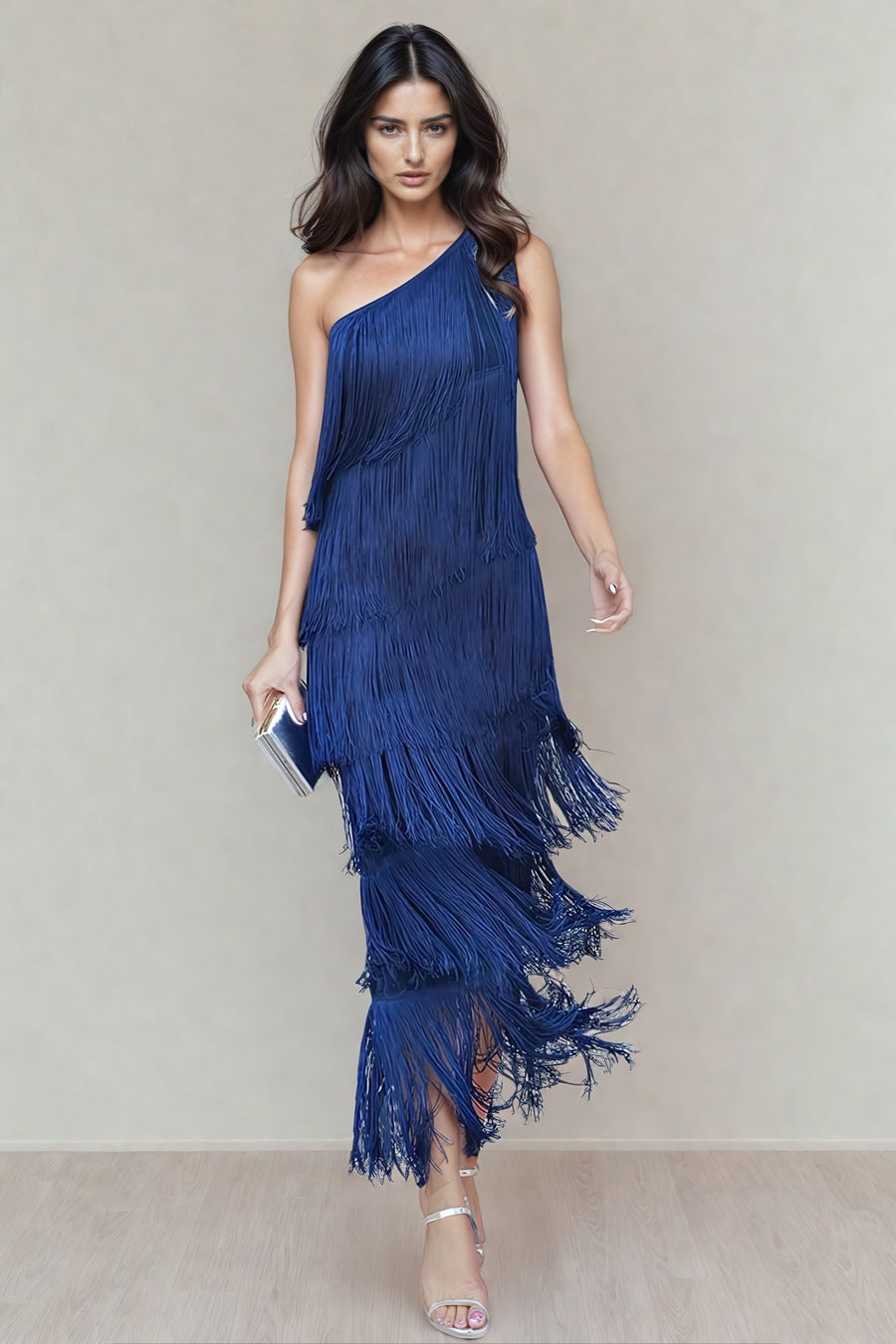 Calanara Women's One Shoulder Fringe Formal Dress in Navy Blue