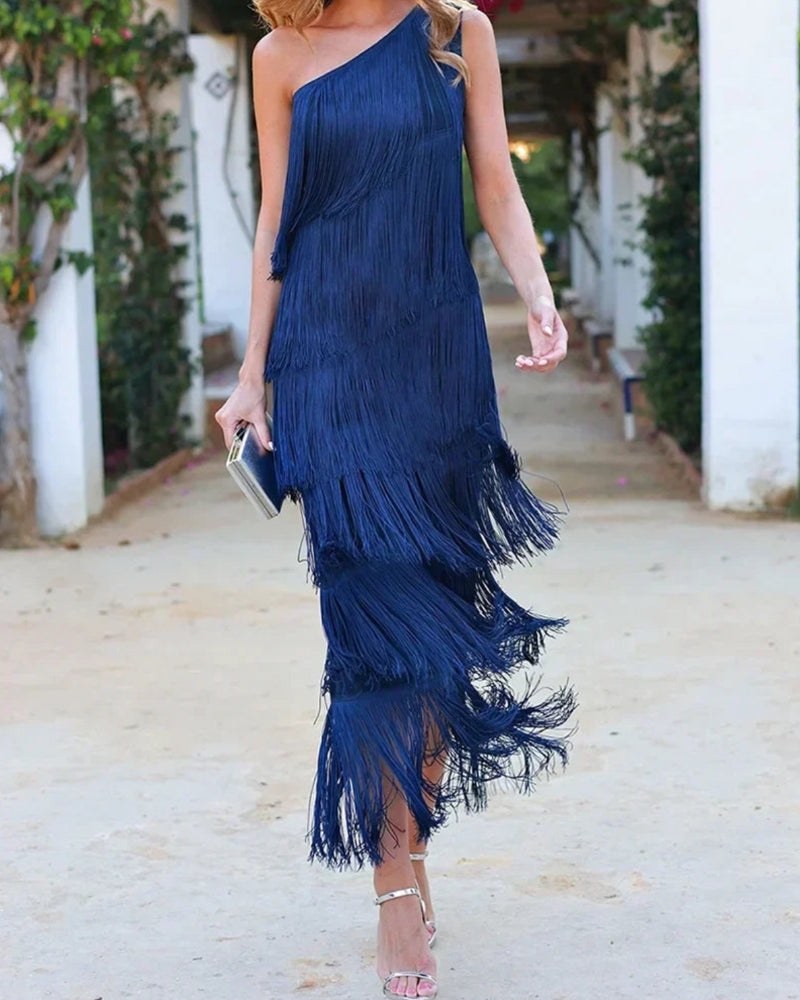Calanara Women's One Shoulder Fringe Formal Dress in Navy Blue