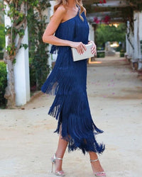 Calanara Women's One Shoulder Fringe Formal Dress in Navy Blue