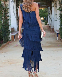 Calanara Women's One Shoulder Fringe Formal Dress in Navy Blue