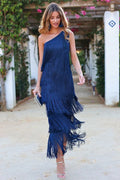 Calanara Women's One Shoulder Fringe Formal Dress