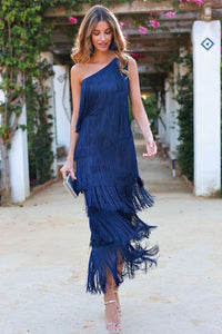 Calanara Women's One Shoulder Fringe Formal Dress in Navy Blue
