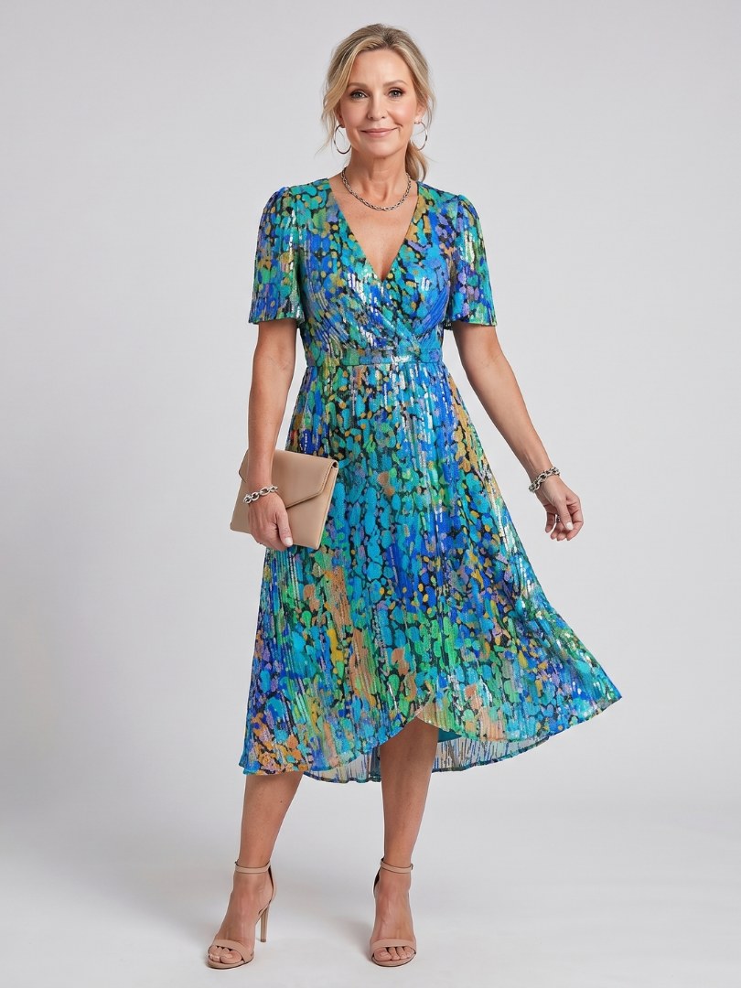 Calanthe Women's Floral Print Midi Wrap Dress in Blue