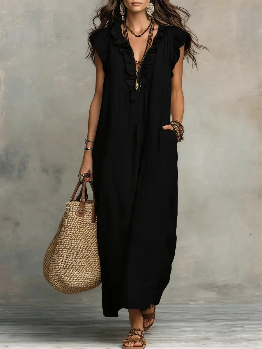 Caldora Women's Linen Summer Maxi Dress in Black