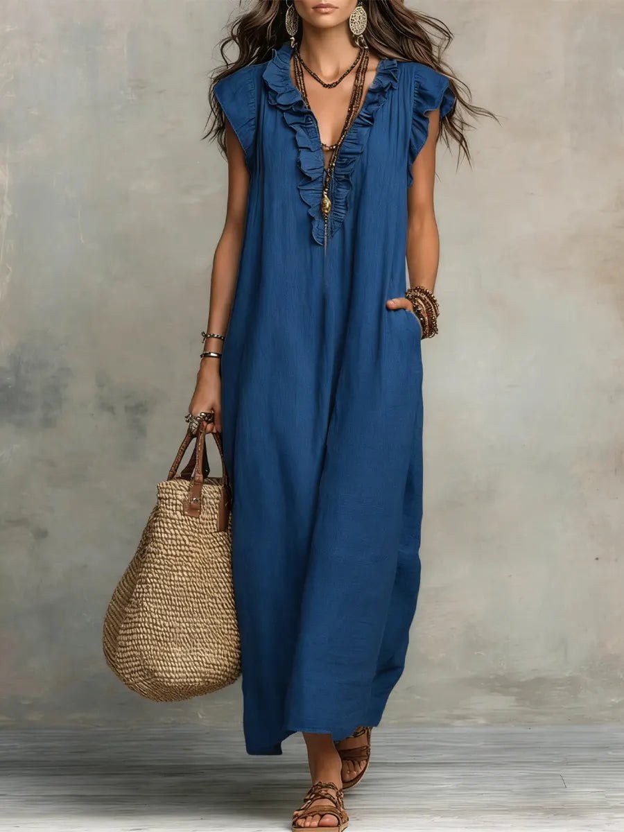 Caldora Women's Linen Summer Maxi Dress in Blue