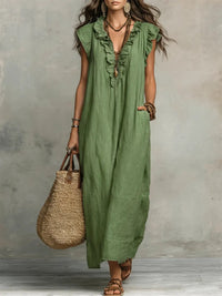 Caldora Women's Linen Summer Maxi Dress in Green