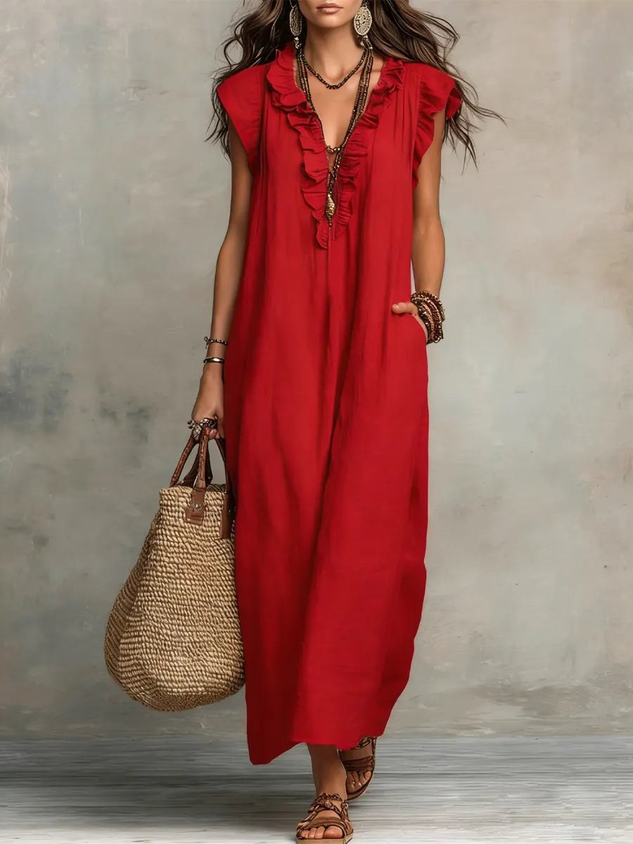 Caldora Women's Linen Summer Maxi Dress in Red