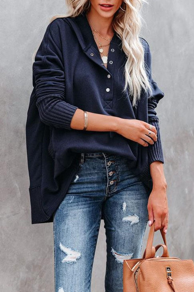 Calindra Women's Oversized Long Sleeve Hoodie Pullover in Navy Blue