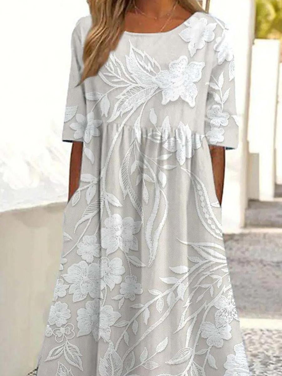 Calixta Women's Floral Lace Midi Dress with 3/4 Sleeves in White