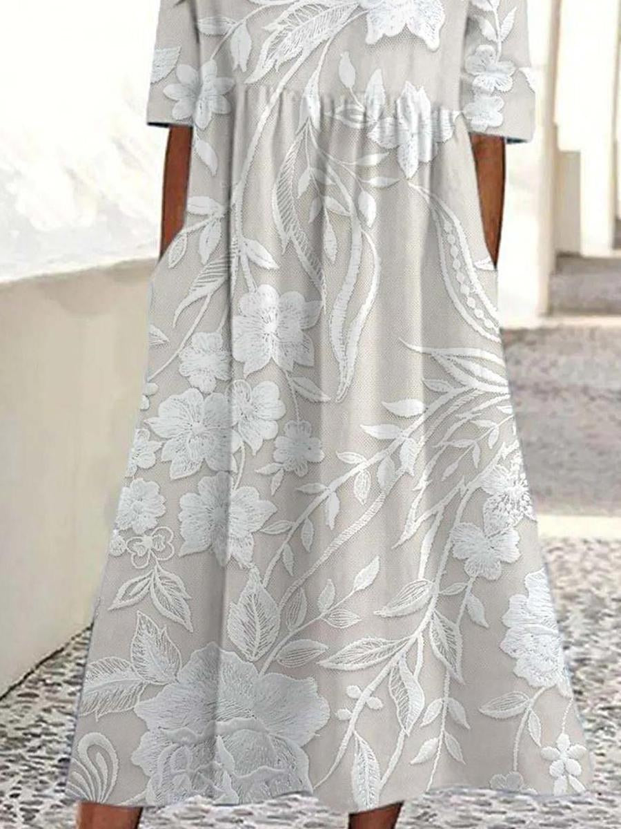 Calixta Women's Floral Lace Midi Dress with 3/4 Sleeves in White