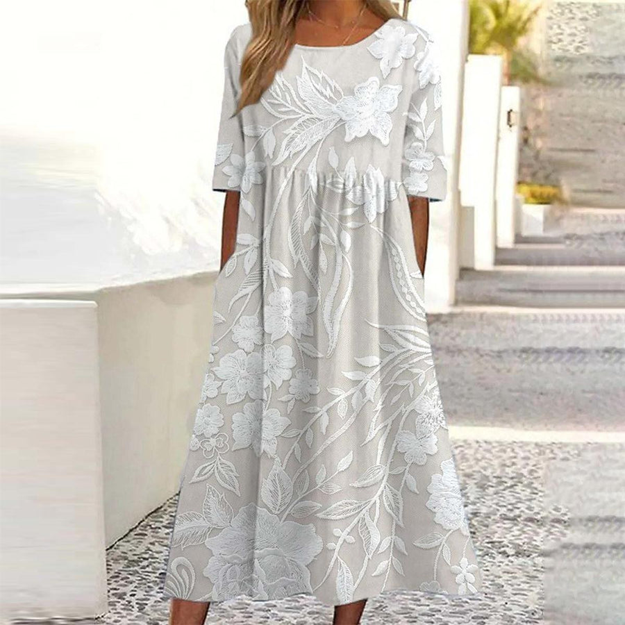Calixta Women's Floral Lace Midi Dress with 3/4 Sleeves in White