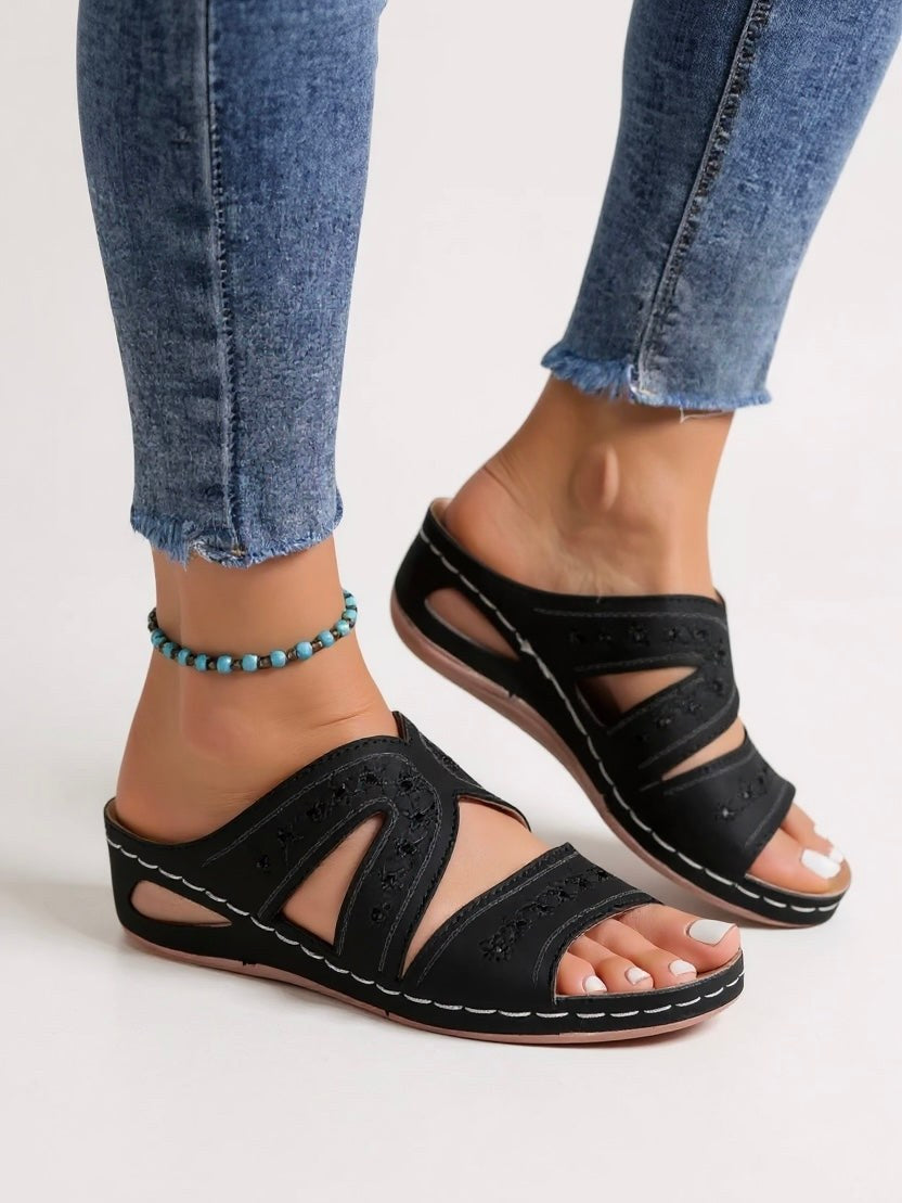 Calla Embroidered Slide Sandals in Black