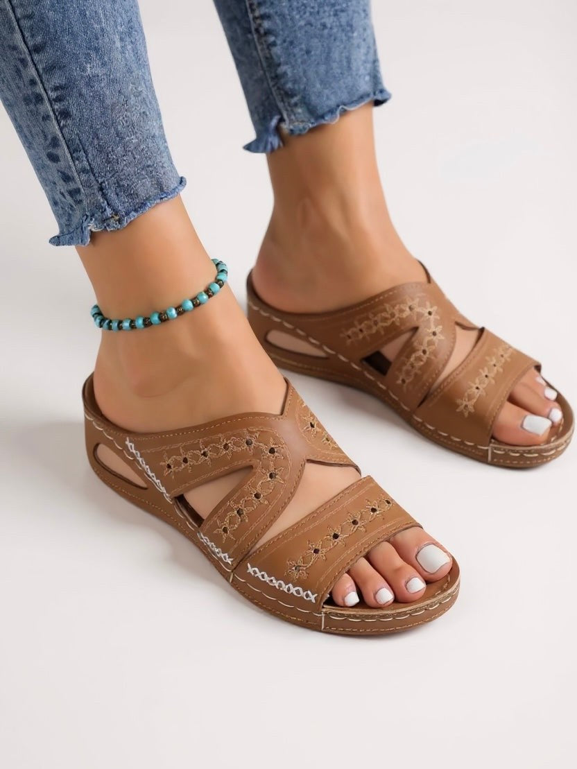 Calla Embroidered Slide Sandals in Brown