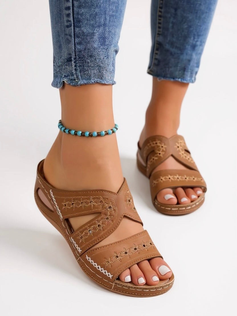Calla Embroidered Slide Sandals in Brown